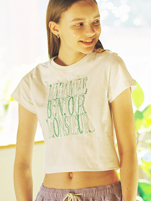 CROP FR embroidery T(WHITE/GREEN)